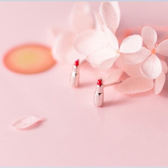 925 Sterling Silver Red Lipstick Stud Earrings - Picture 2 of 3